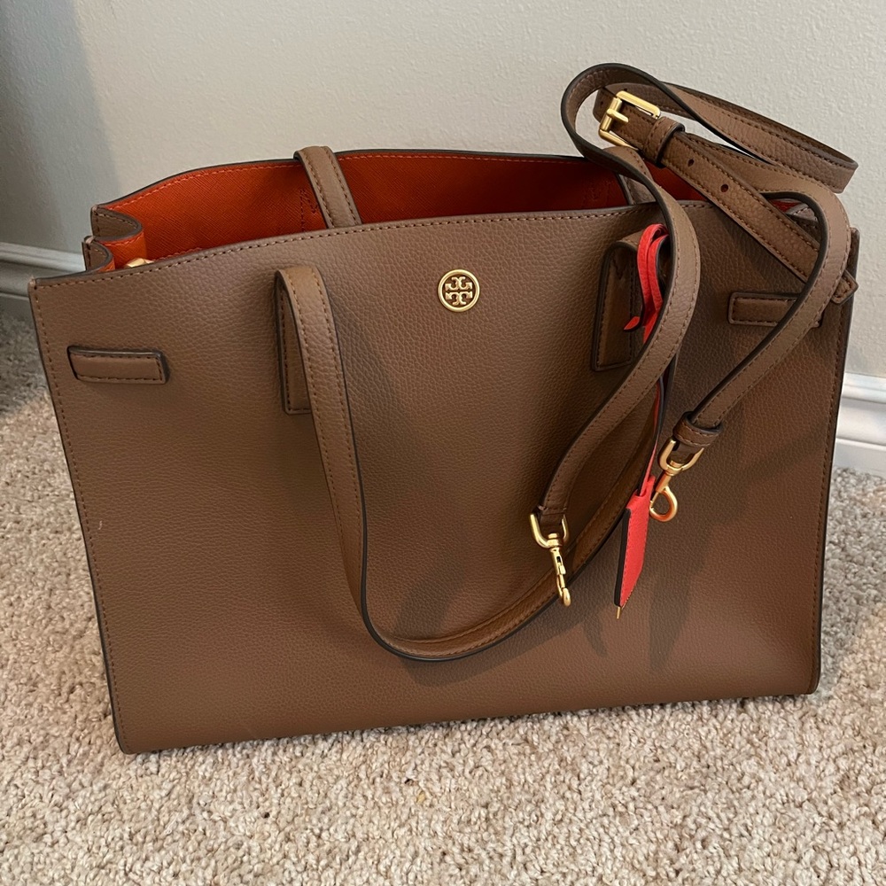 Tory Burch Women's Walker Satchel brown leather, orange interior.